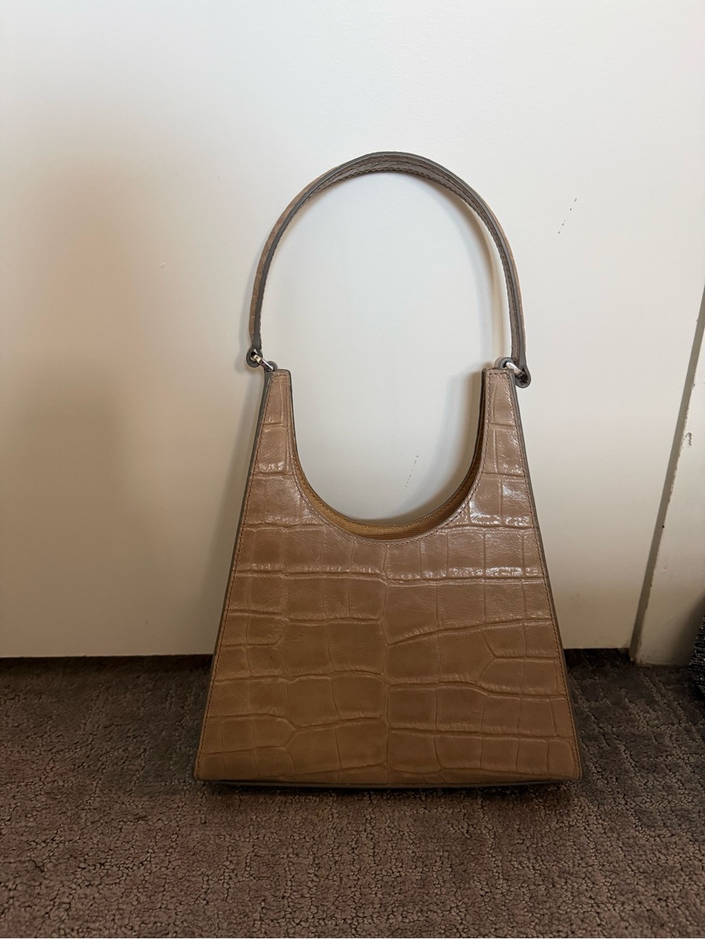 STAUD Croc-Embossed Shoulder Bag in Taupe